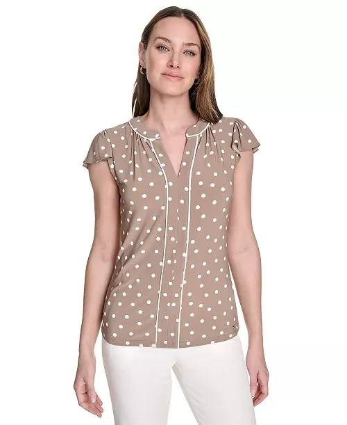 Tommy Hilfiger Women’s  Dot Print Split-Neck Flutter-Sleeve Top M $59 NWT