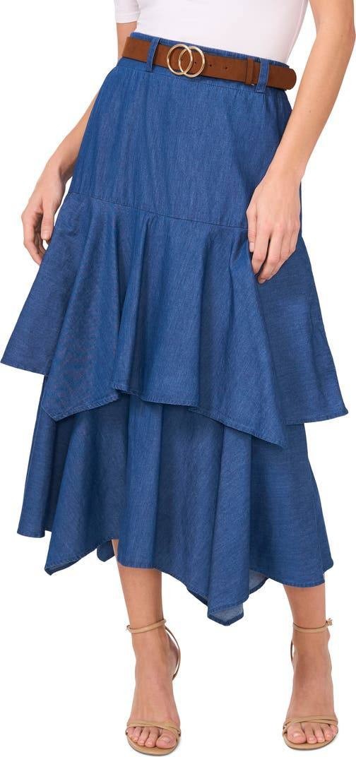 CeCe Tiered Denim Midi Skirt – Mid Indigo – Size 6 – 100% Cotton – NWT – MSRP$99