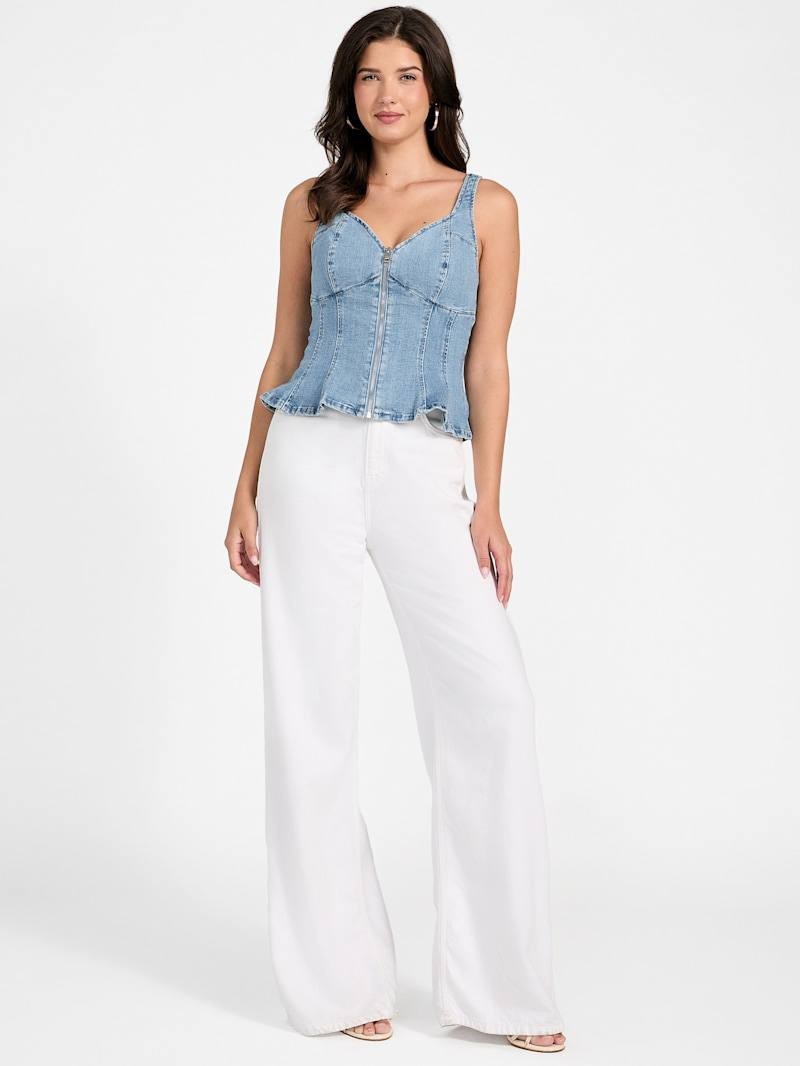 GUESS Anika Denim Peplum Top - Blue, XL, NWT, Sweetheart Neck, Front Zip