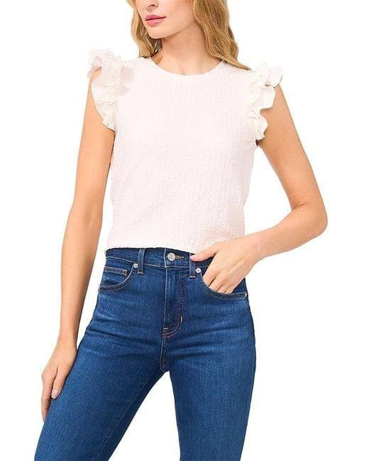 CeCe Sleeveless Ruffle Shoulder Textured Top – White – Size L – NWT