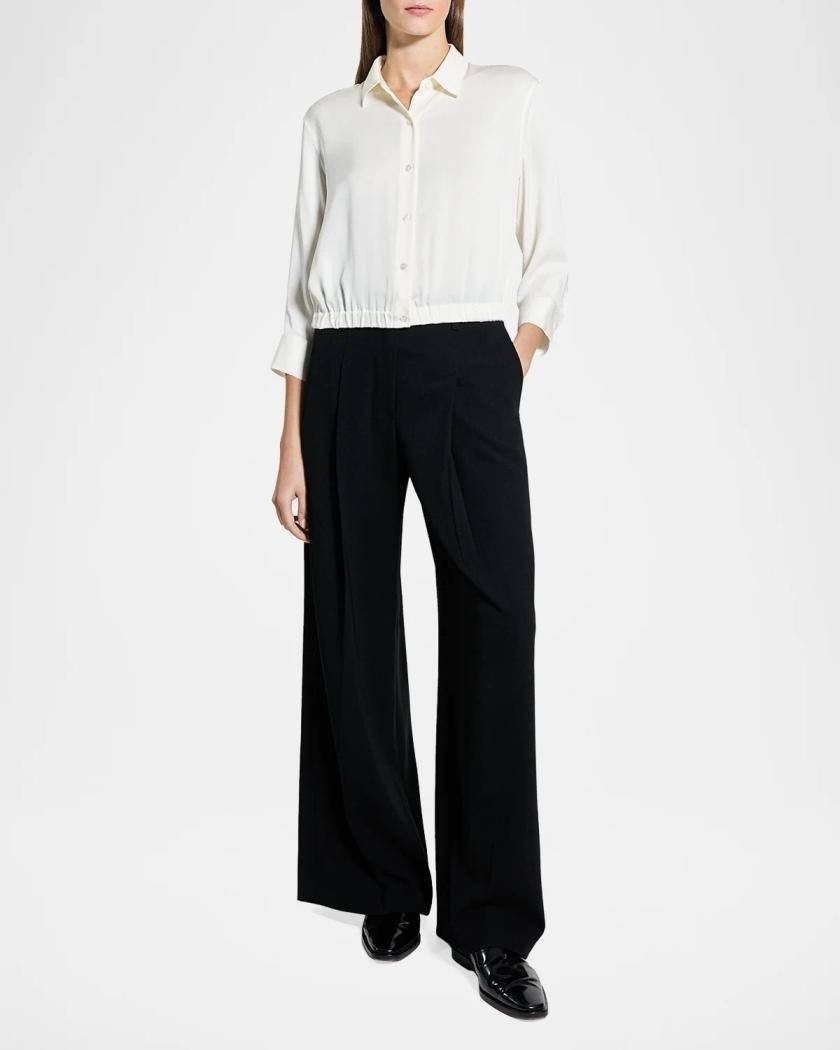 Theory Scrunched‑Sleeve Cropped Silk Button Shirt Ivory L NWT $365