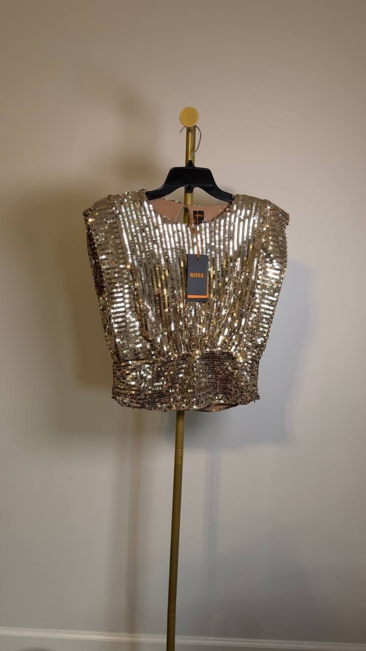BOSS Illana Sequin Crop Top – Orange – NWT – Sleeveless Jewel Neck