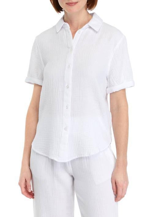 DKNY JEANS Short‑Sleeve Gauze Camp Shirt White PL Petite NWT $59