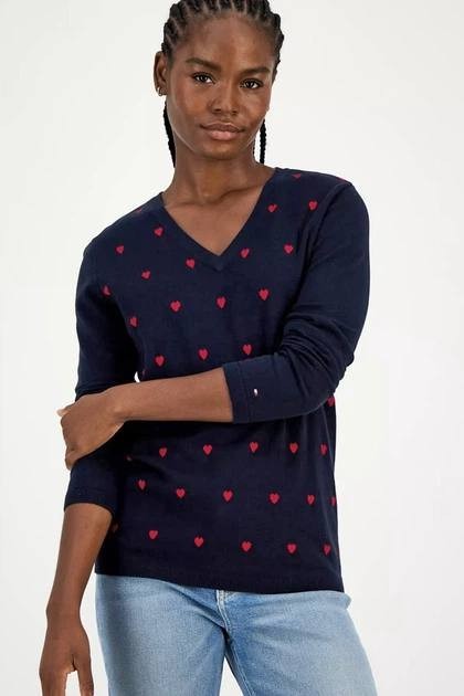 Tommy Hilfiger Cotton Heart V-Neck Sweater Navy S NWT $69.50