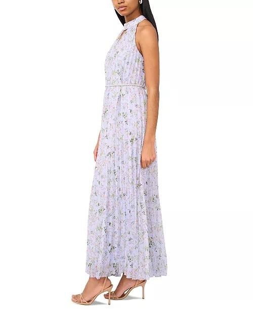 CeCe Pleated Floral‑Print Keyhole Dress Periwinkle M NWT $138