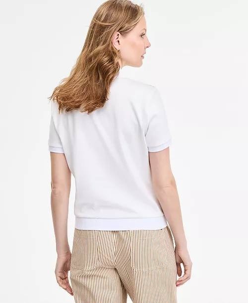 Tommy Hilfiger Lace‑Front Short‑Sleeve Cotton Top White M NWT $79.50