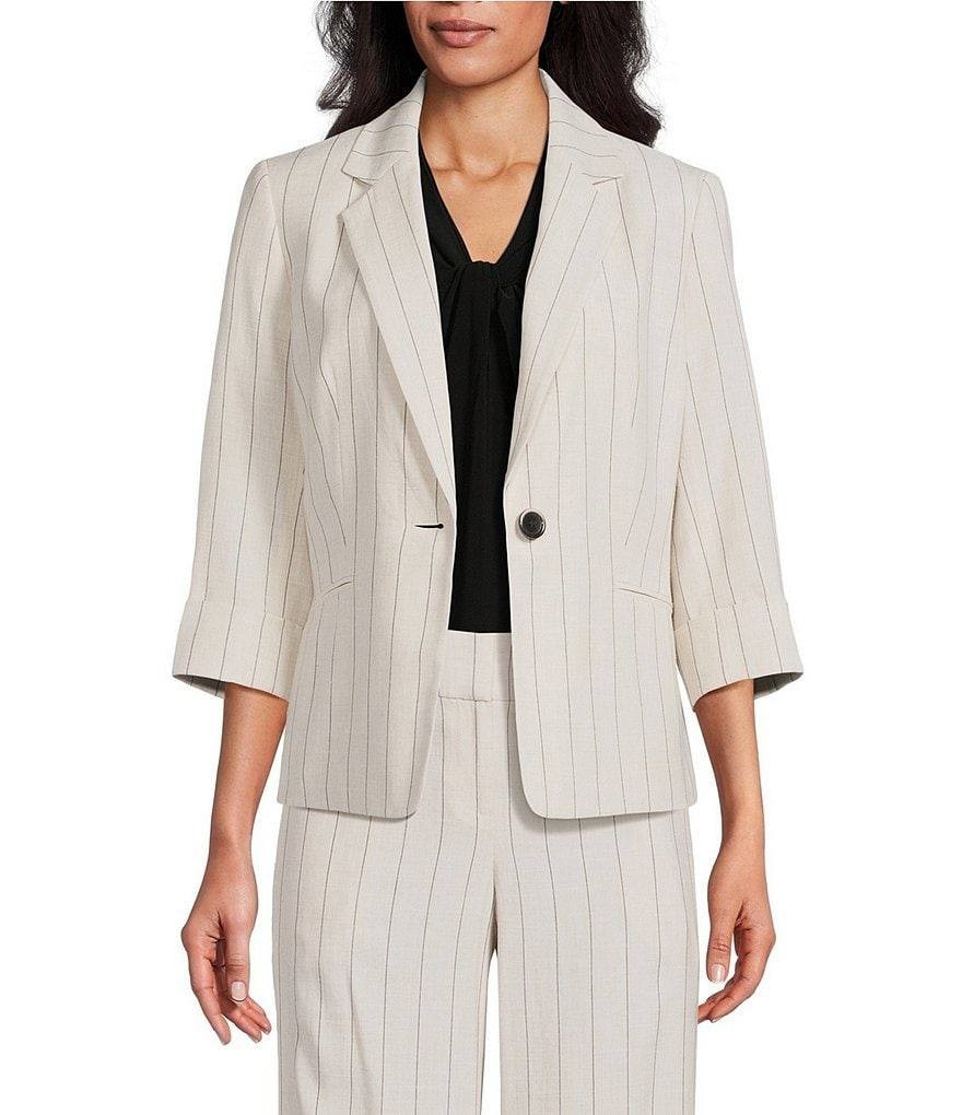 Kasper Pinstripe Notch Collar One-Button Blazer – Parchment/Black – Size 10P NWT