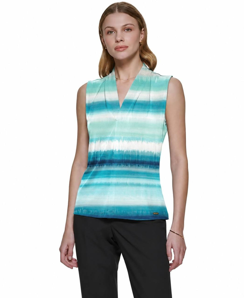 Calvin Klein Gathered V‑Neck Sleeveless Top White/Blue L NWOT $49