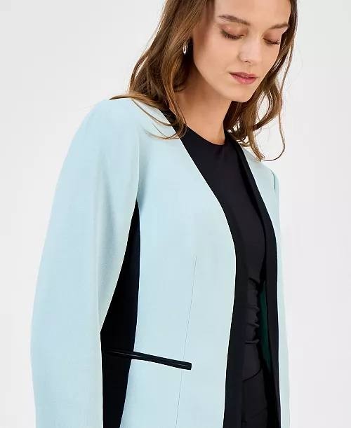 Kasper Blazer 12P Blue Petite Contrast Trim Open Front Long Sleeve Career NWT