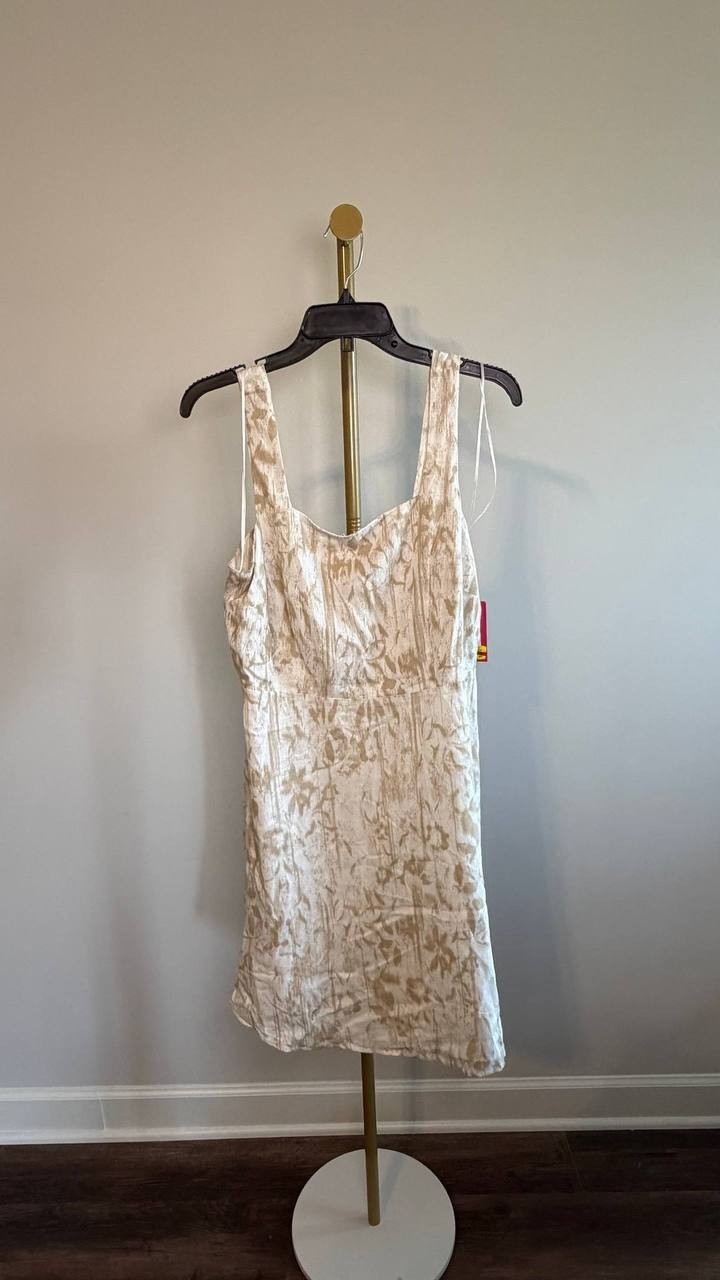Vince Camuto Printed Linen‑Blend Square‑Neck Mini Dress Oyster Grey M NWT $169