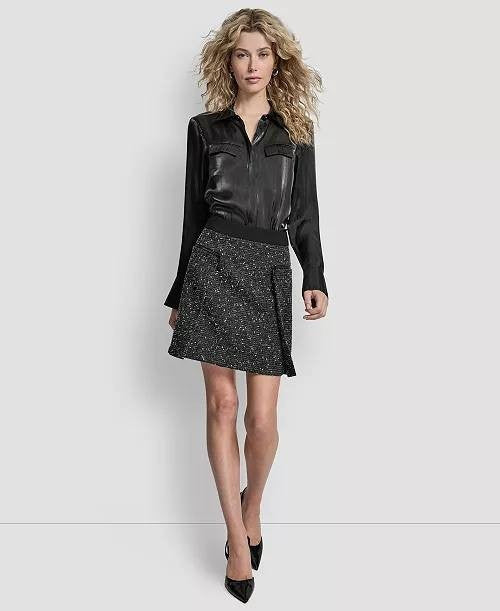 DKNY Pleated Tweed A‑Line Mini Skirt Black 14 NWT $89
