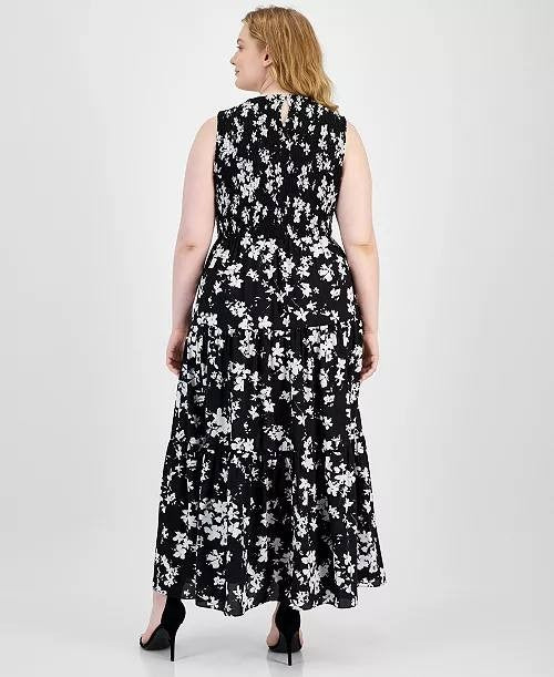 Anne Klein Dress XL Black White Floral Smocked Bodice Sleeveless Maxi NWT