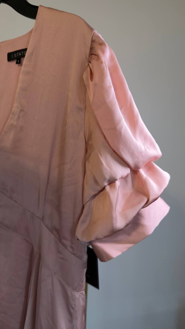 1.STATE Bubble Sleeve V‑Neck Fit & Flare Dress Light Pink L NWT $89