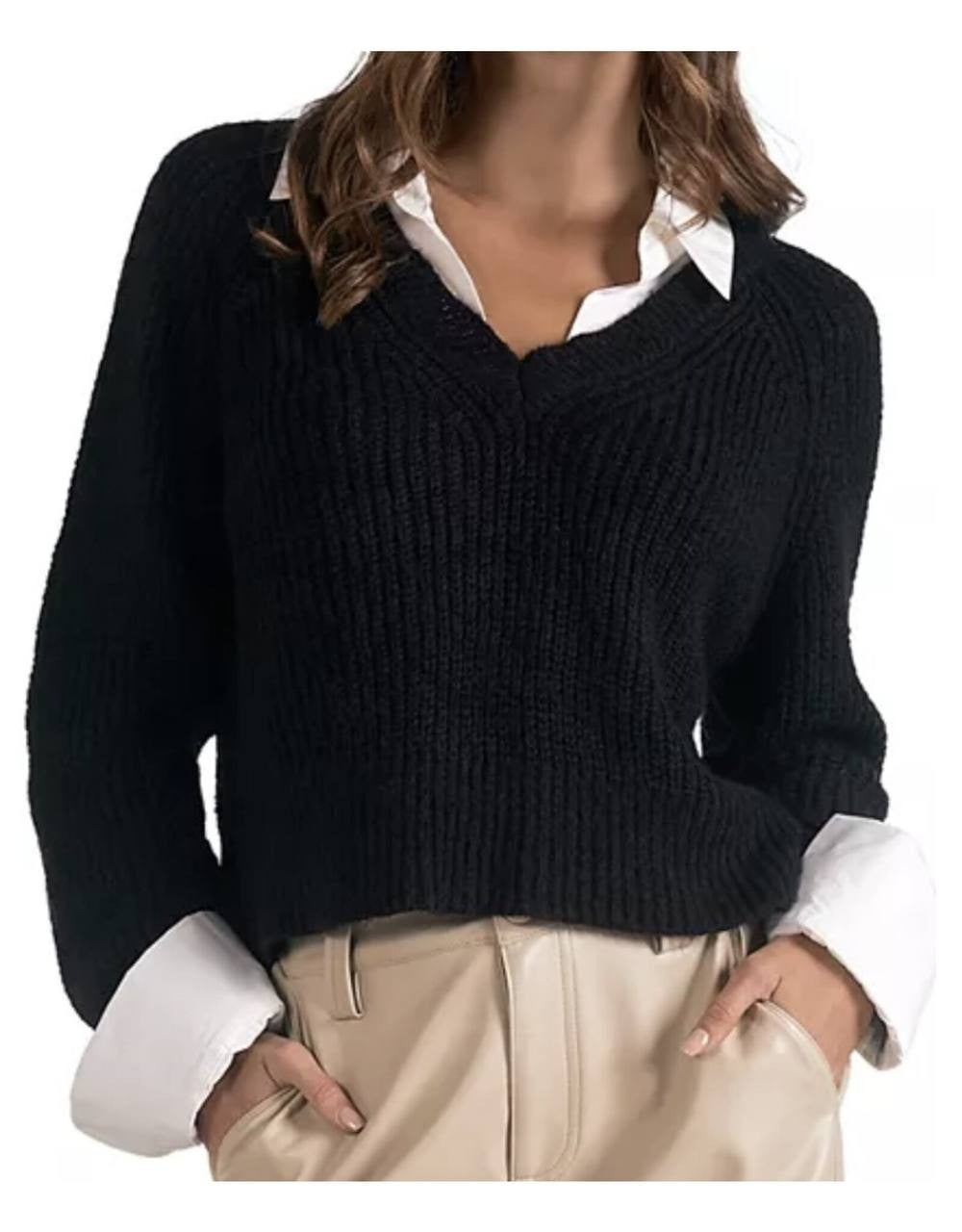 Elan Layered Look Sweater - Gray/Black XS, V-Neck Raglan Sleeves Relaxed