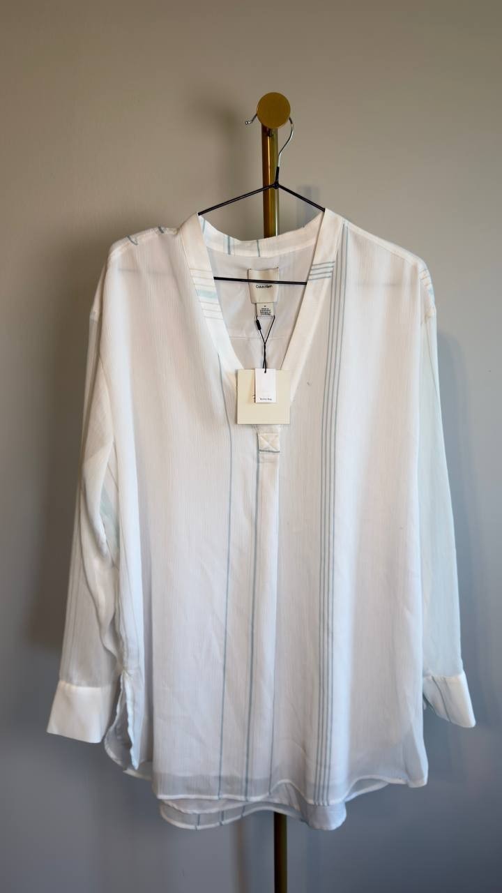 Calvin Klein Long-Sleeve Multi Stripe Tunic White Multi M NWT $109