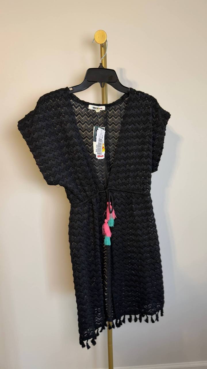 Miken Crochet Tassel Tie‑Front Kimono Cover‑Up Black S NWT $34