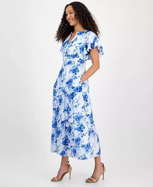Julia Jordan Printed Ruffle-Sleeve Midi Dress Blue Ivory 8 NWT $139