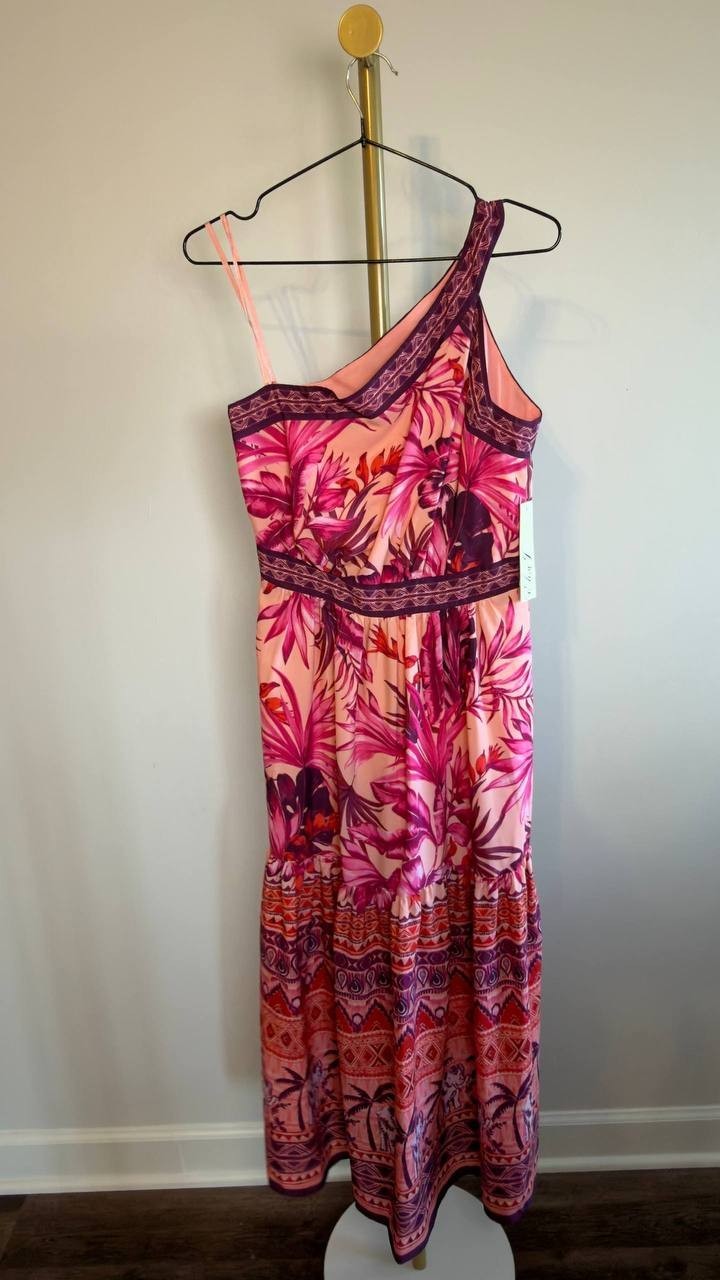 Eliza J Mixed‑Print One‑Shoulder Tiered Midi Dress Floral Multi 2 NWT $158