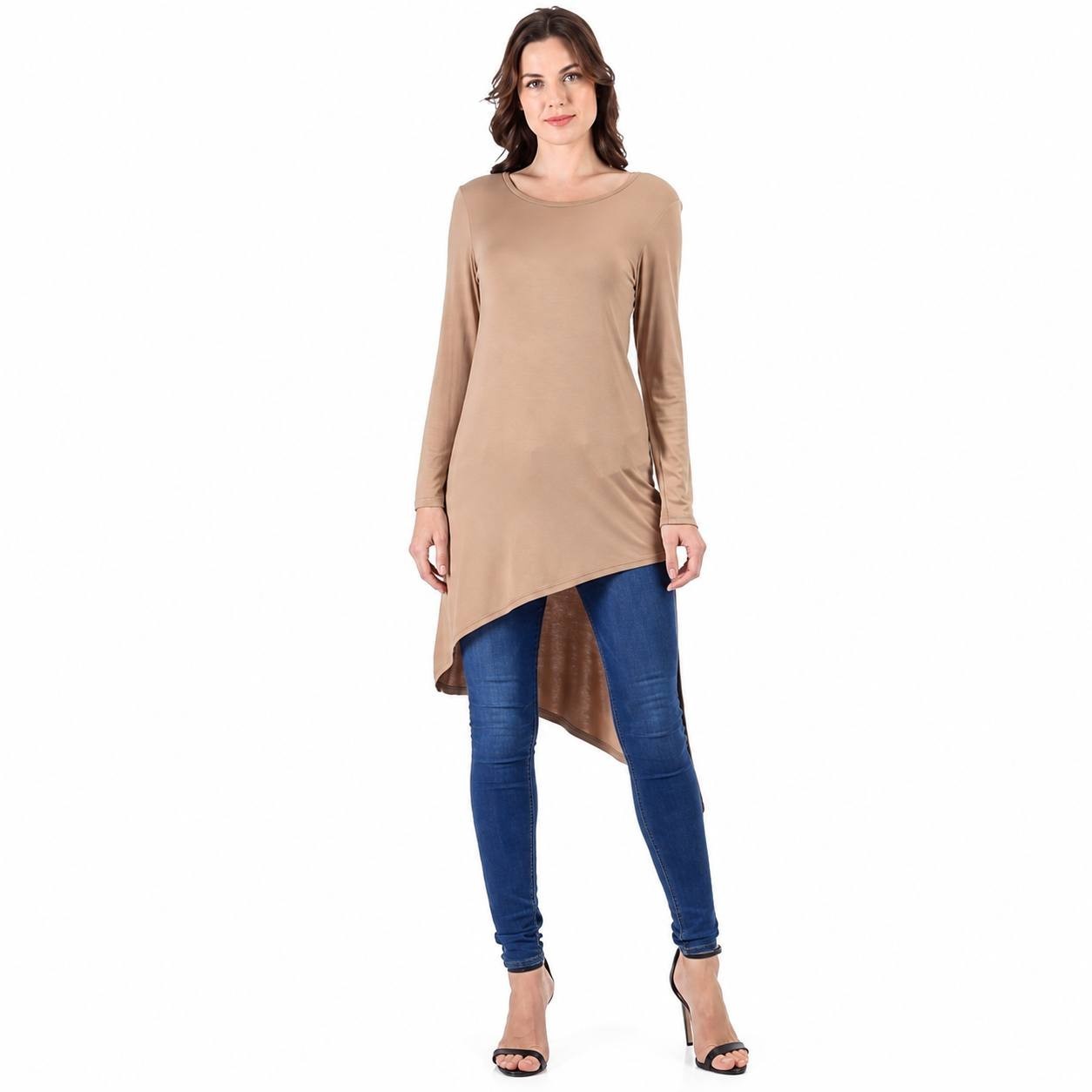 24seven Comfort Apparel Women’s Long Sleeve Tunic Top Tan L NWT $65