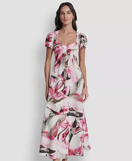 DKNY Women’s Puff Sleeve Asymmetrical Printed Dress Spring Wisteria 8 NWT $149