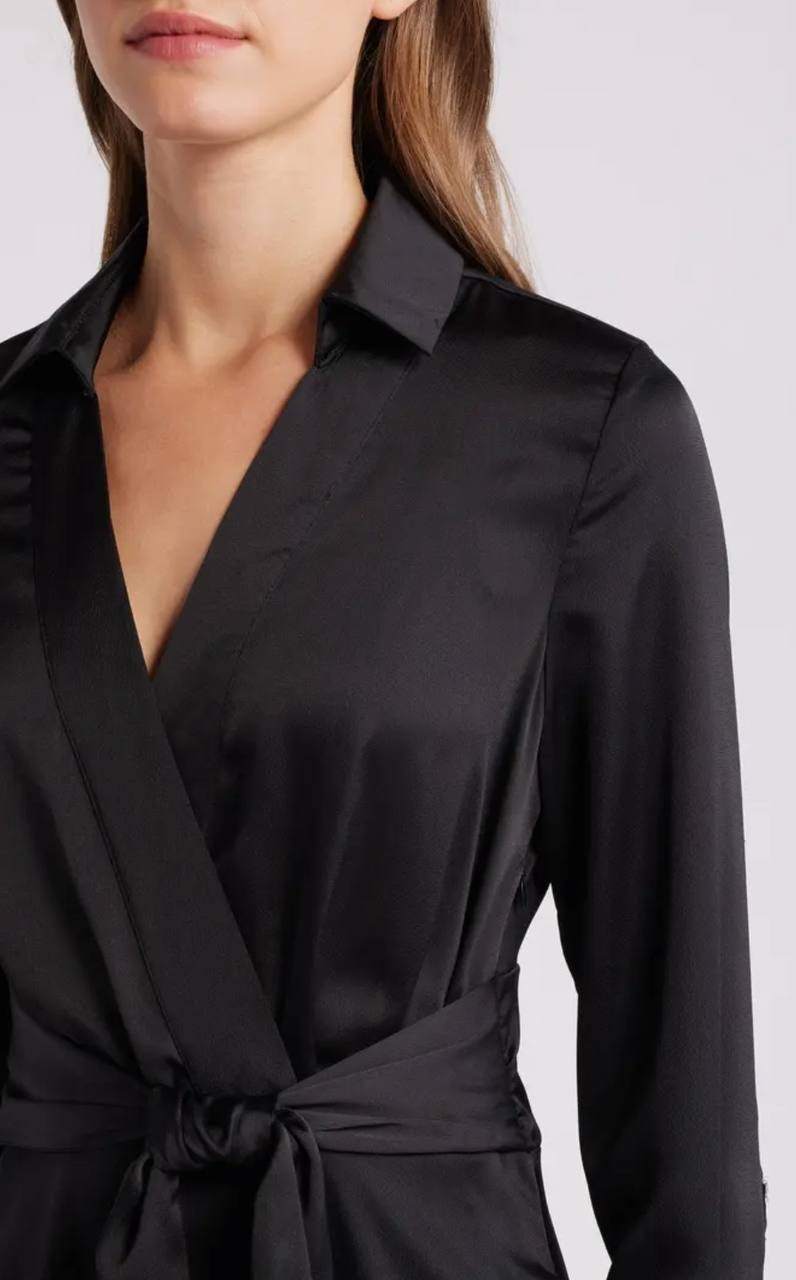 Tahari ASL Womens' Black Satin Long Sleeve Surplice Self-Tie Shirt Dress Size 10