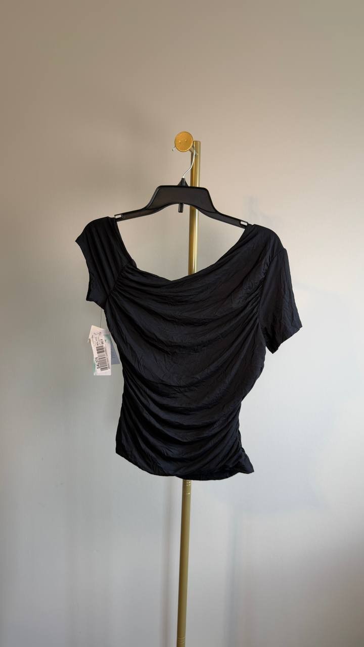 Guess Solid Asymmetrical Neckline Short Sleeve Shirred Top Black L NWT $59