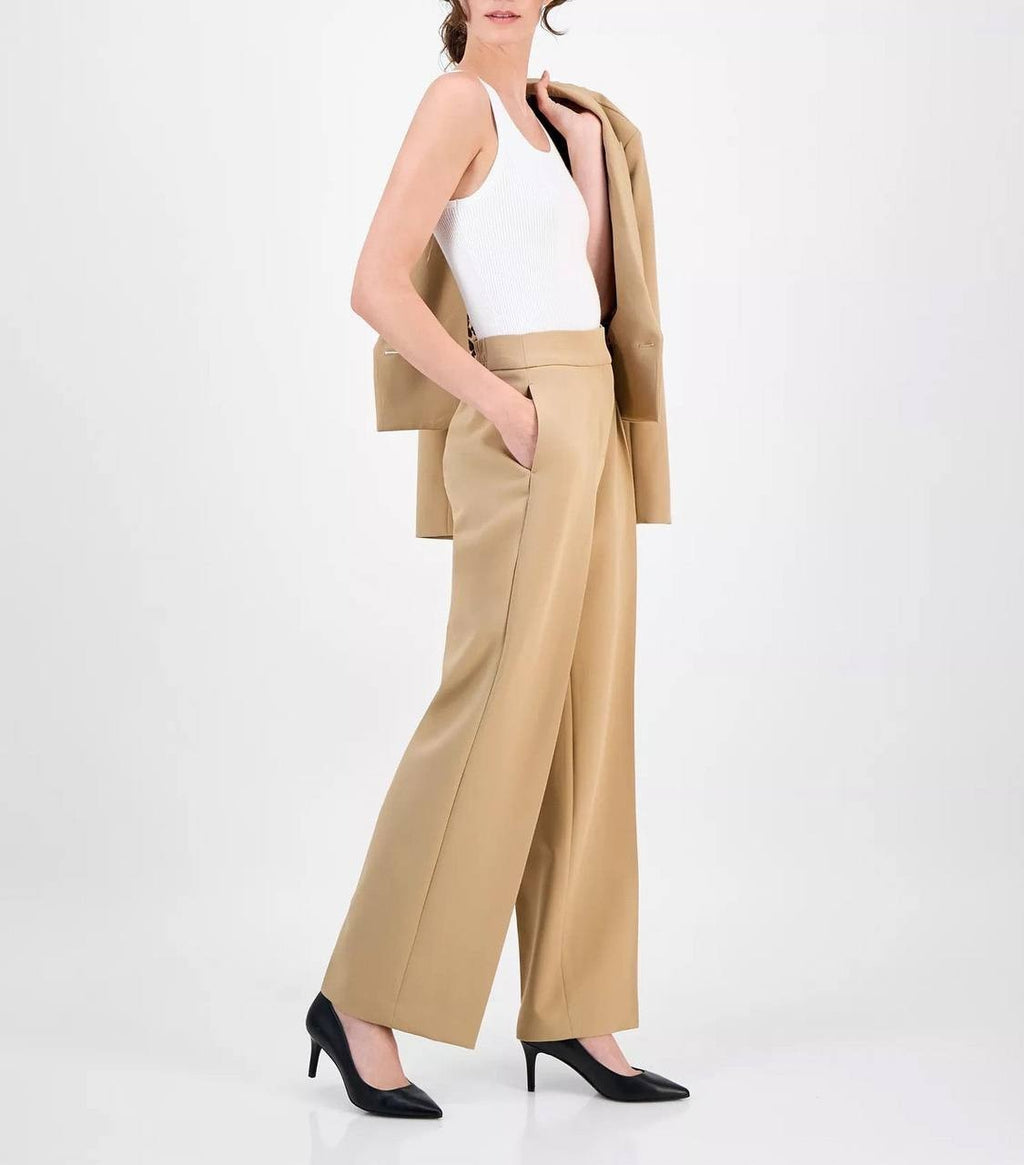 Anne Klein High-Rise Pleated Wide-Leg Twill Pants Beige 16 NWT $99