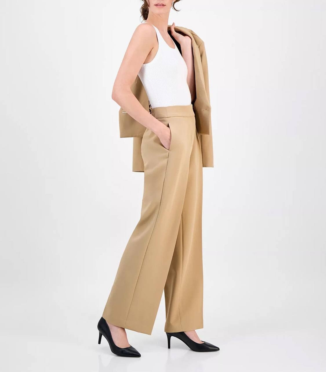 Anne Klein High-Rise Pleated Wide-Leg Twill Pants Beige 16 NWT $99