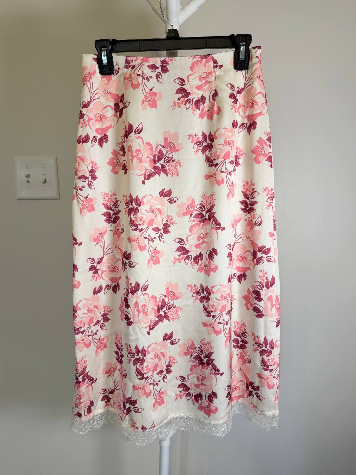 Lucy Paris Reza Lace Trim Skirt Women's L Pink Cream Floral Print Zip Closure