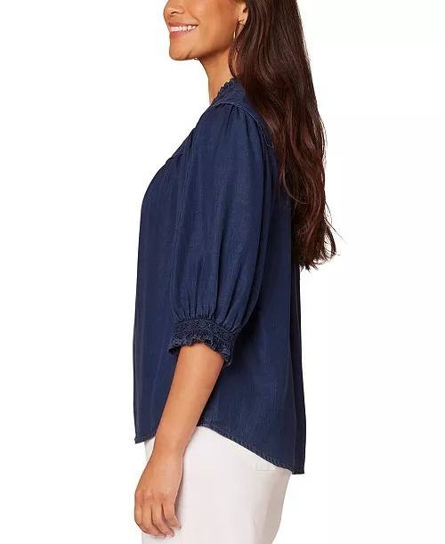 Democracy Crochet Trim Ruffle Button‑Front Shirt Navy M NWT $84