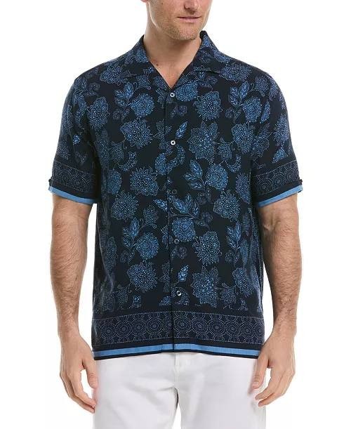 Cubavera Men’s Floral Border Button‑Front Shirt Dress Blues XL/EG $80 NWT