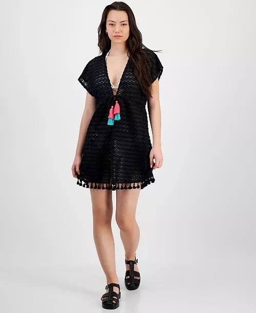 Miken Crochet Tassel Tie‑Front Kimono Cover‑Up Black S NWT $34