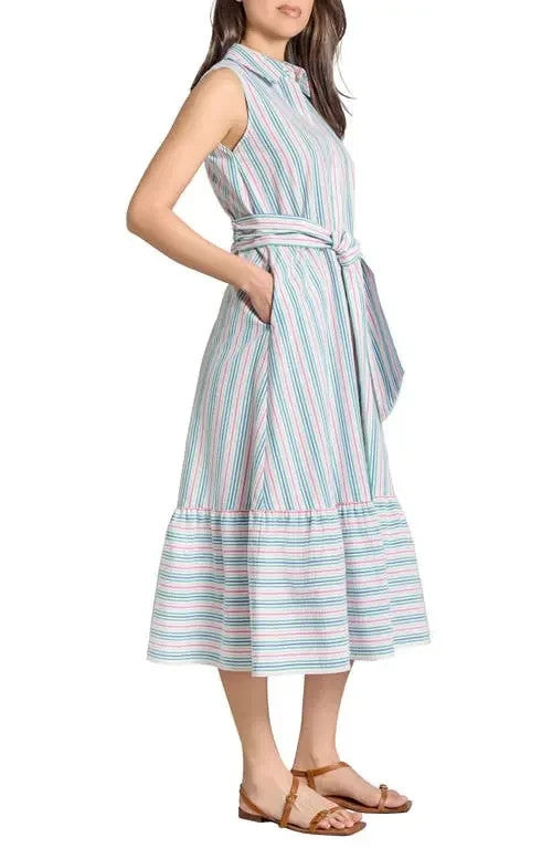 Jones New York Women’s Stripe Belted Shirtdress White Multi L $120 NWT