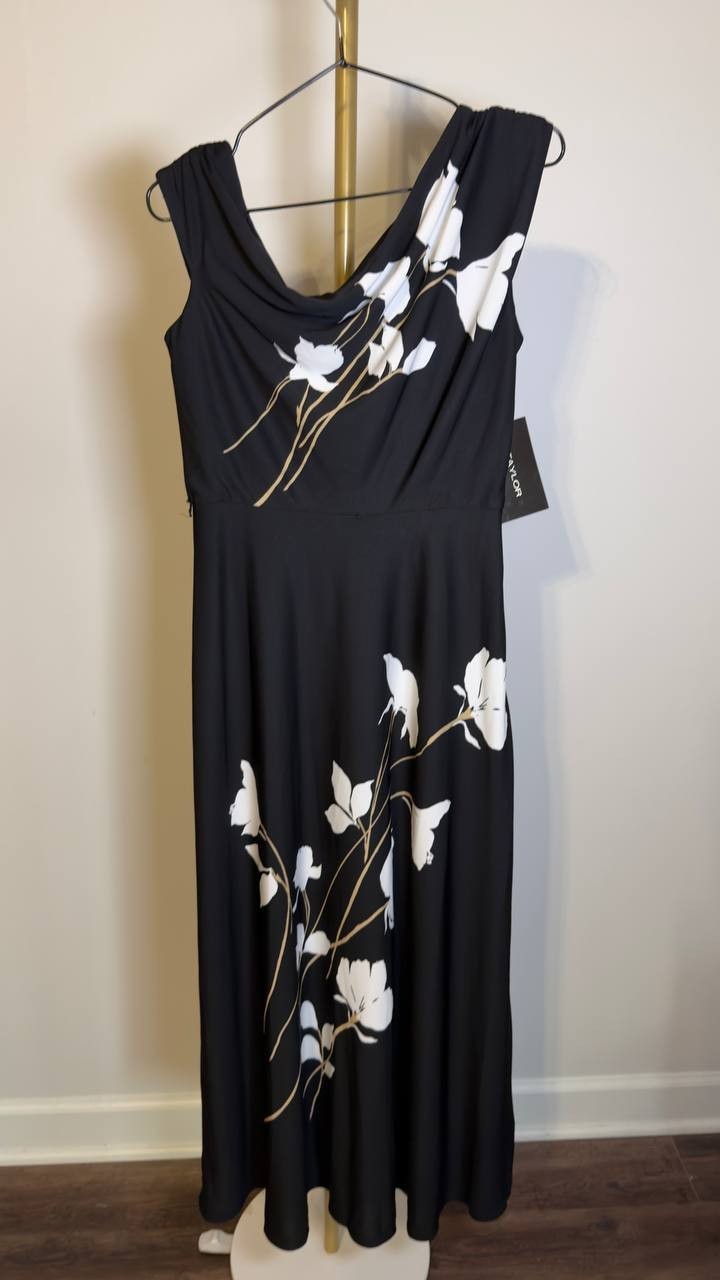 Taylor Women’s Belted Off‑The‑Shoulder Dress Black Floral 6 NWT $138