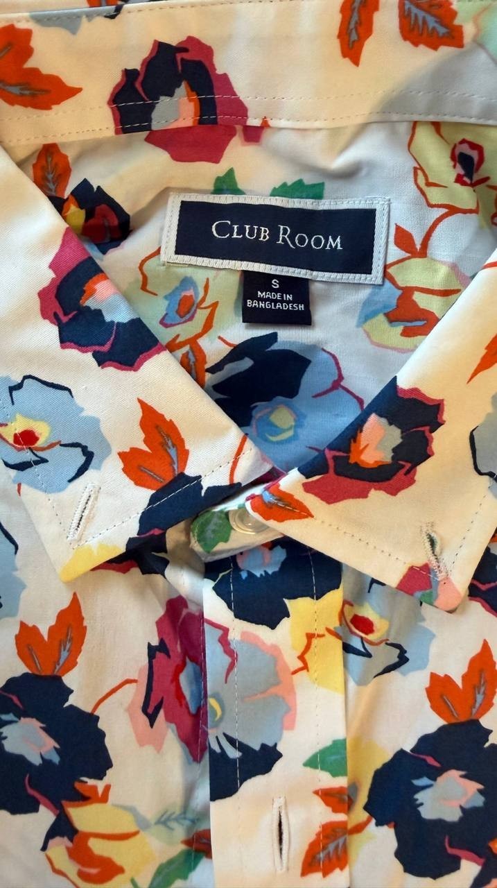 Club Room Men’s Craig Floral Poplin Short‑Sleeve Shirt White Multi S $49.50 NWT