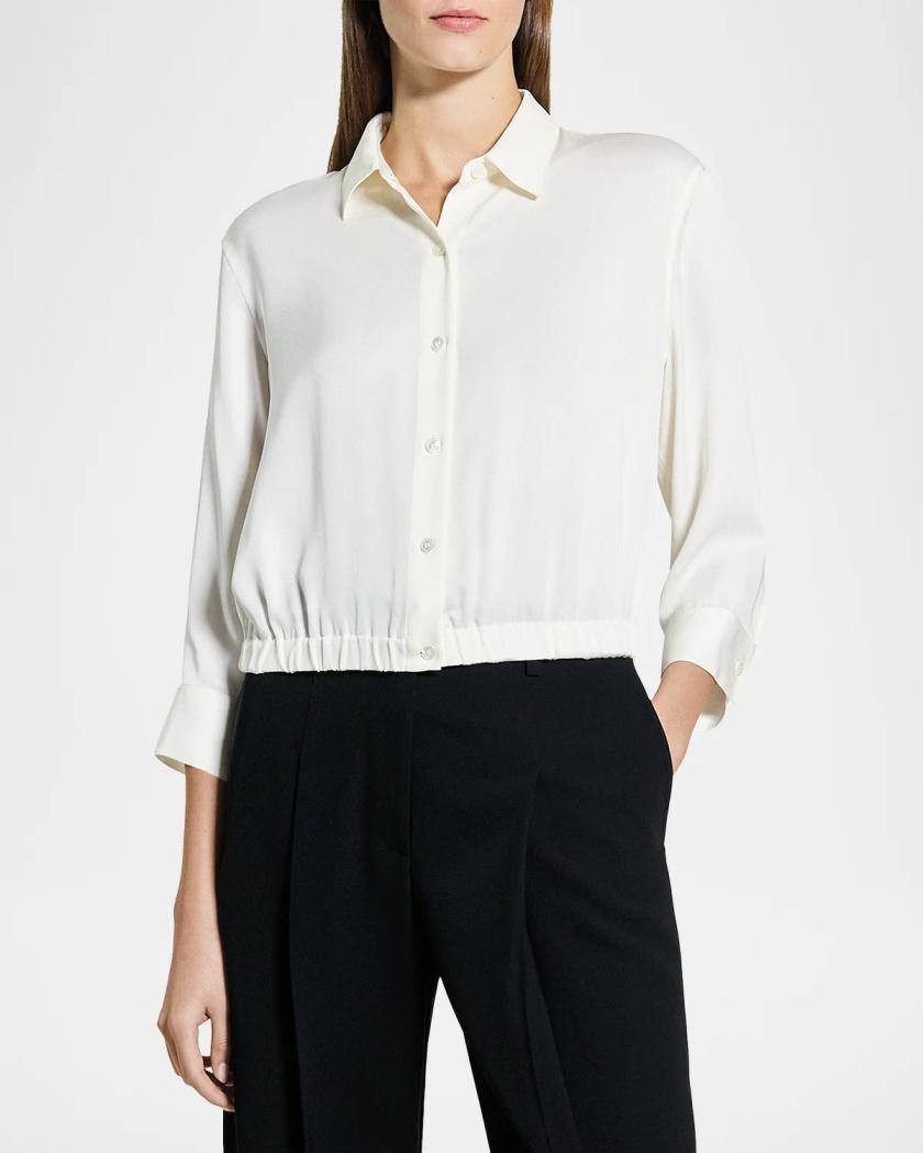 Theory Scrunched‑Sleeve Cropped Silk Button Shirt Ivory L NWT $365
