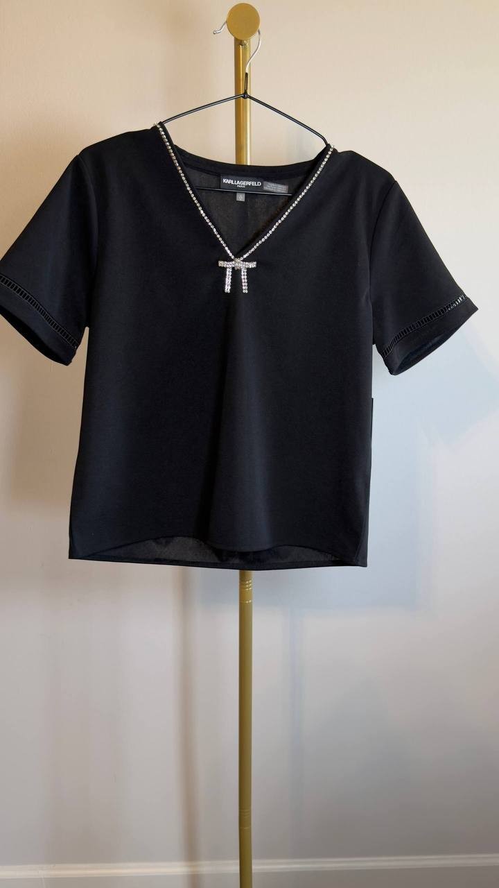 Karl Lagerfeld Paris Crystal Bow V‑Neck Knit Top Black S NWT $89