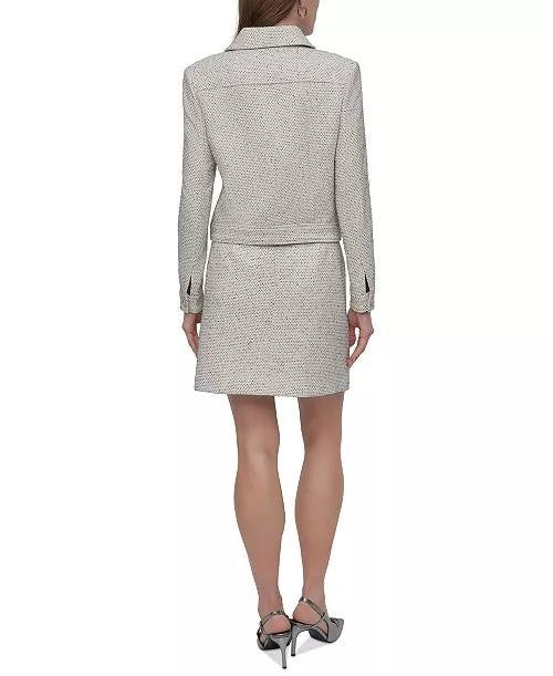 DKNY Petite Cropped Tweed Trucker Jacket Long Sleeve White Black 8P $159 NWT