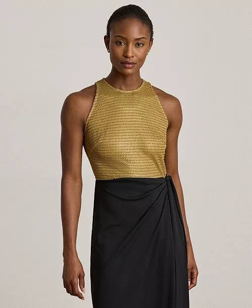 Lauren Ralph Lauren Beaded Mesh Jersey Tie-Front Gown Gold/Black 8 NWT $45