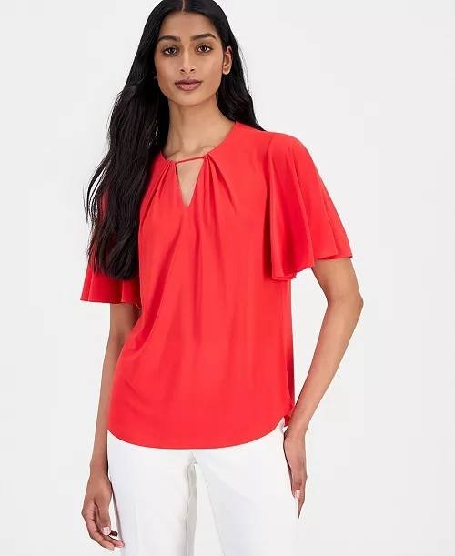 Anne Klein Pleat‑Neck Flutter‑Sleeve Blouse Red Begonia XXL NWT $69