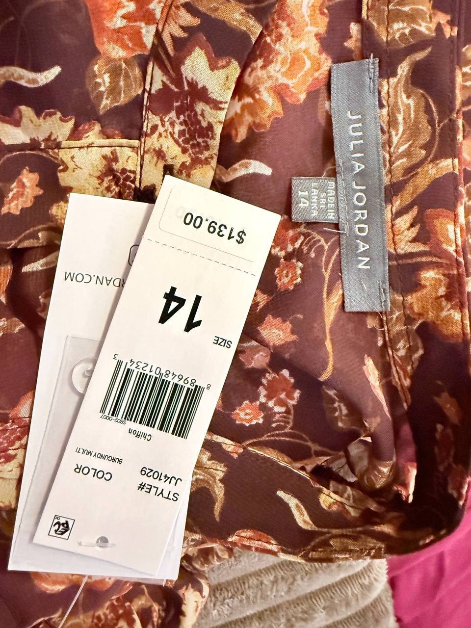Julia Jordan Floral Chiffon Tie‑Waist 3/4‑Sleeve Dress – Size 14 – NWT – $139