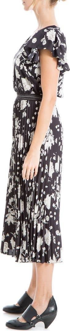 Max Studio Flutter Sleeve Pleated Midi Dress –BlackFloral- Size L – NWT