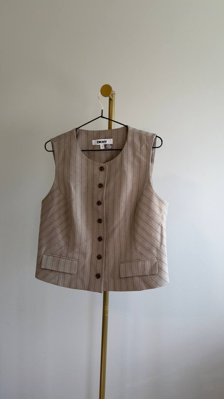DKNY Striped Crewneck Button‑Front Vest Tan 10 NWOT $129