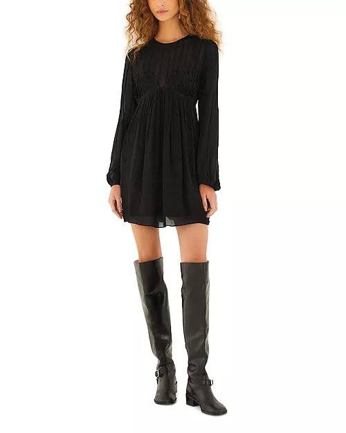 FARM Rio Pleated Mini Dress Black Long Sleeve Semi Sheer Size S NWT $280