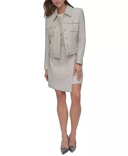 DKNY Petite Cropped Tweed Trucker Jacket Long Sleeve White Black 8P $159 NWT