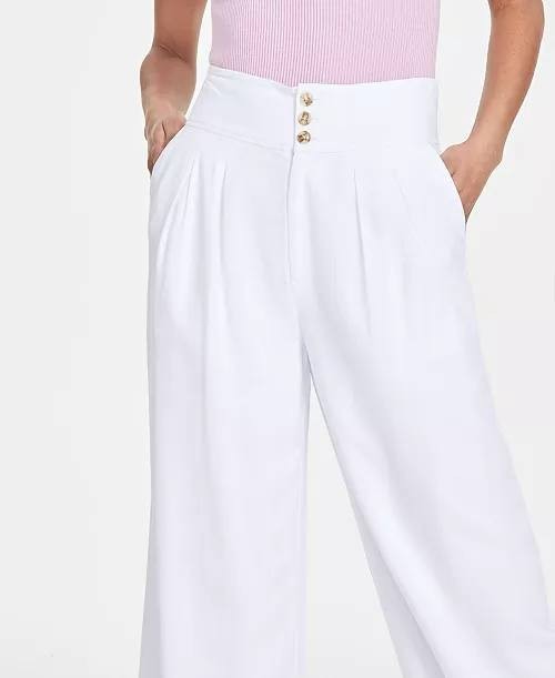 Bar III Wide-Leg Pants 8P White Button Front High Rise Petite NWT