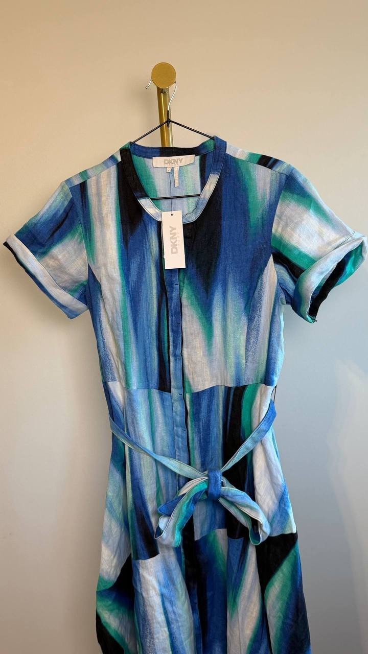 DKNY Brushstroke Printed Asymmetrical Linen Dress Caribbean Multi 4 NWT $159