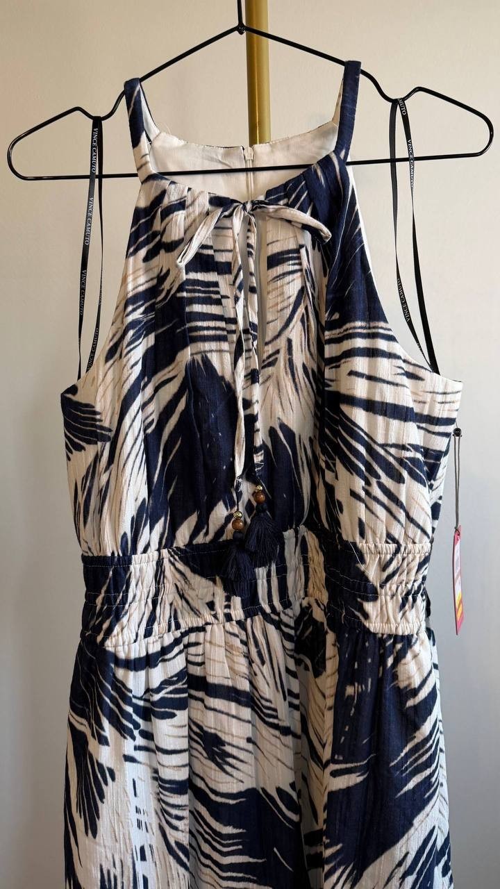 Vince Camuto Women’s Leaf Print Cotton Halter Neck Midi Dress Blue 12 $188 NWT