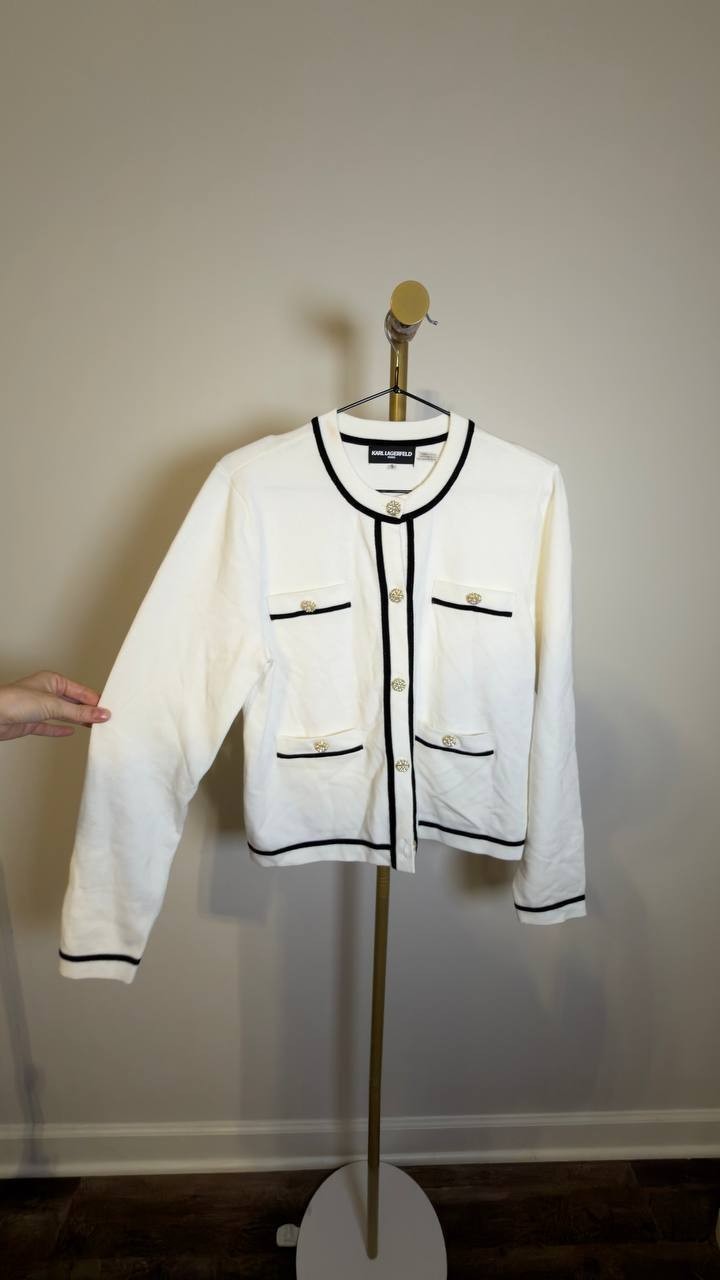 Karl Lagerfeld Paris Women’s Four‑Pocket Crewneck Cardigan Soft White M NWT $128