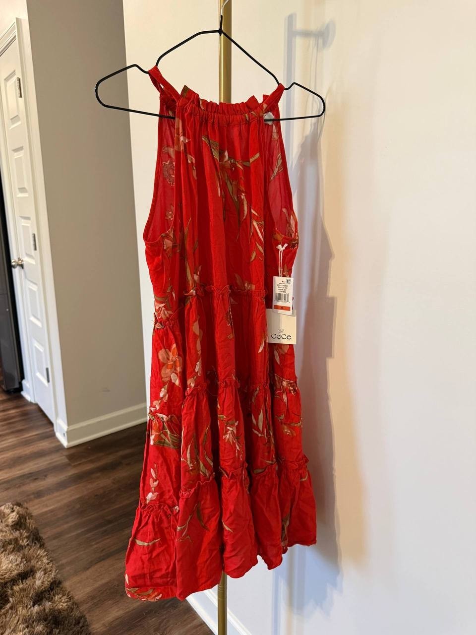 CeCe Tiered Back‑Tie Halter Dress Red SizeXS NWT Feminine Chic msrp$79